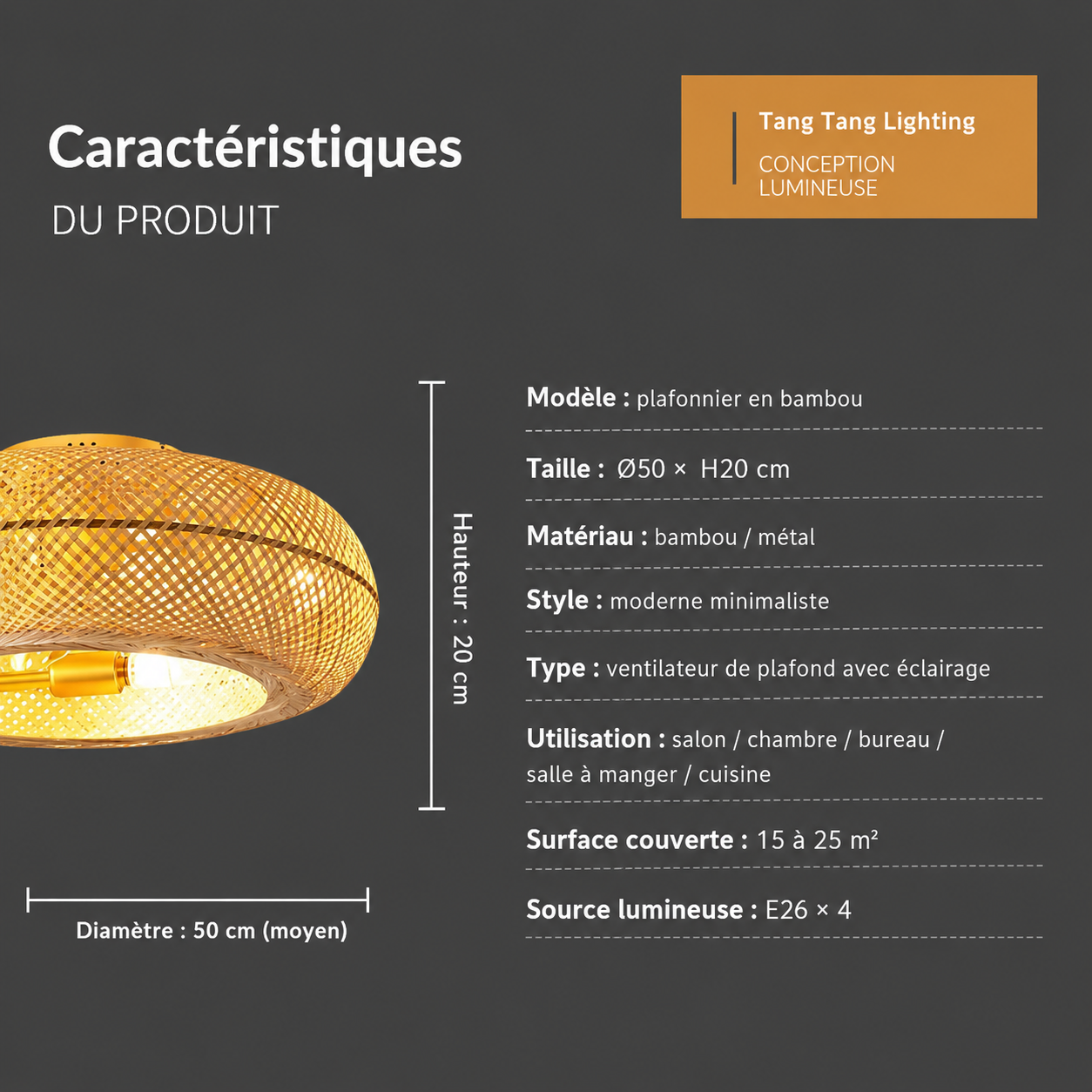 Ventilateur de plafond bambou à pales rétractables | Ventelux