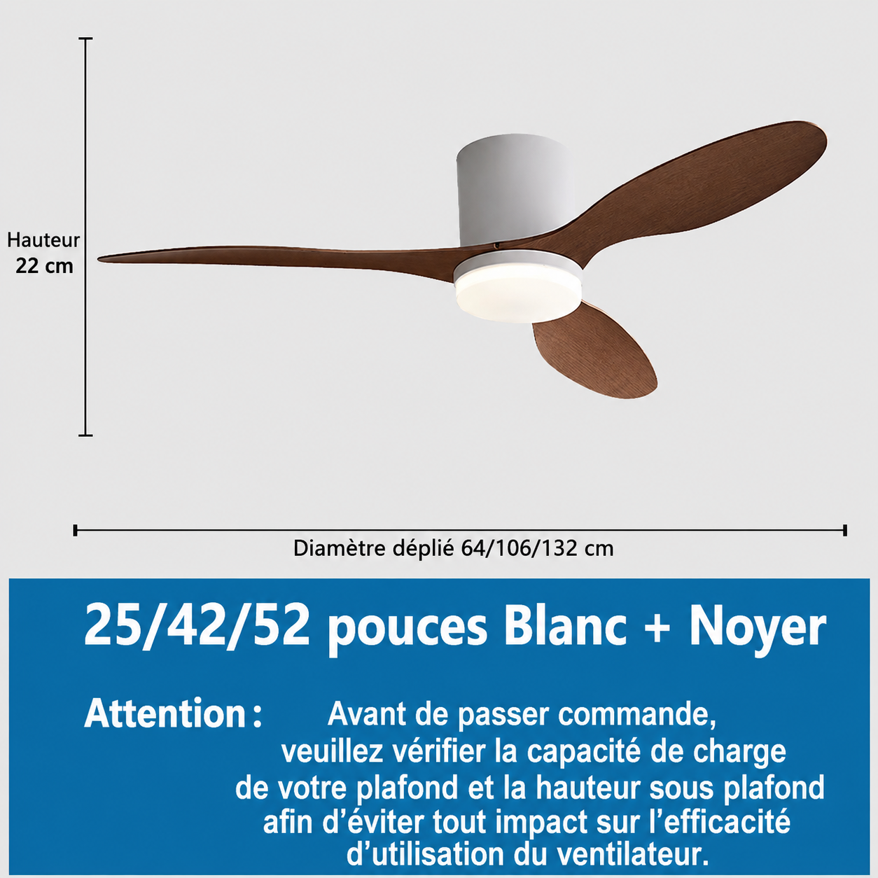 Ventilateur de Plafond LED 25/42/52 pouces – Moteur DC Silencieux, Télécommande & Application, 6 Vitesses