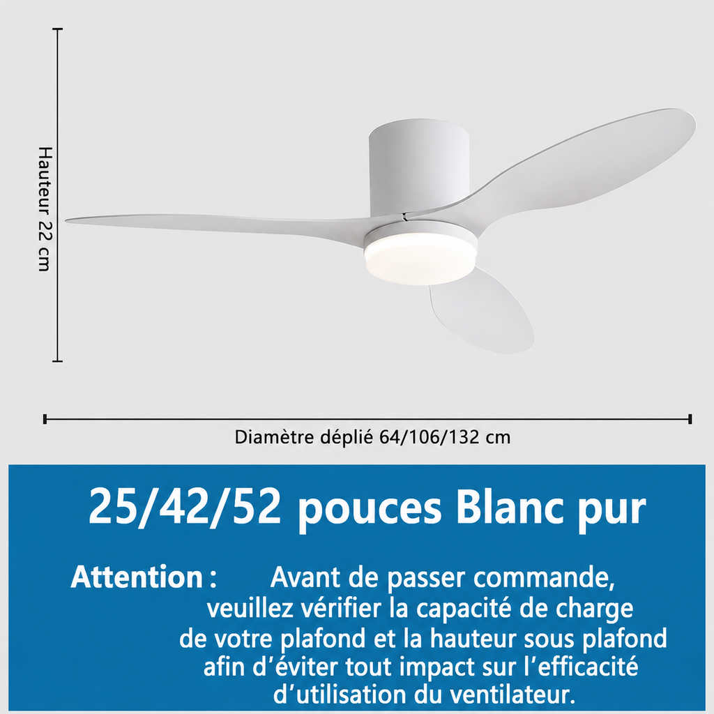 Ventilateur de Plafond LED 25/42/52 pouces – Moteur DC Silencieux, Télécommande & Application, 6 Vitesses