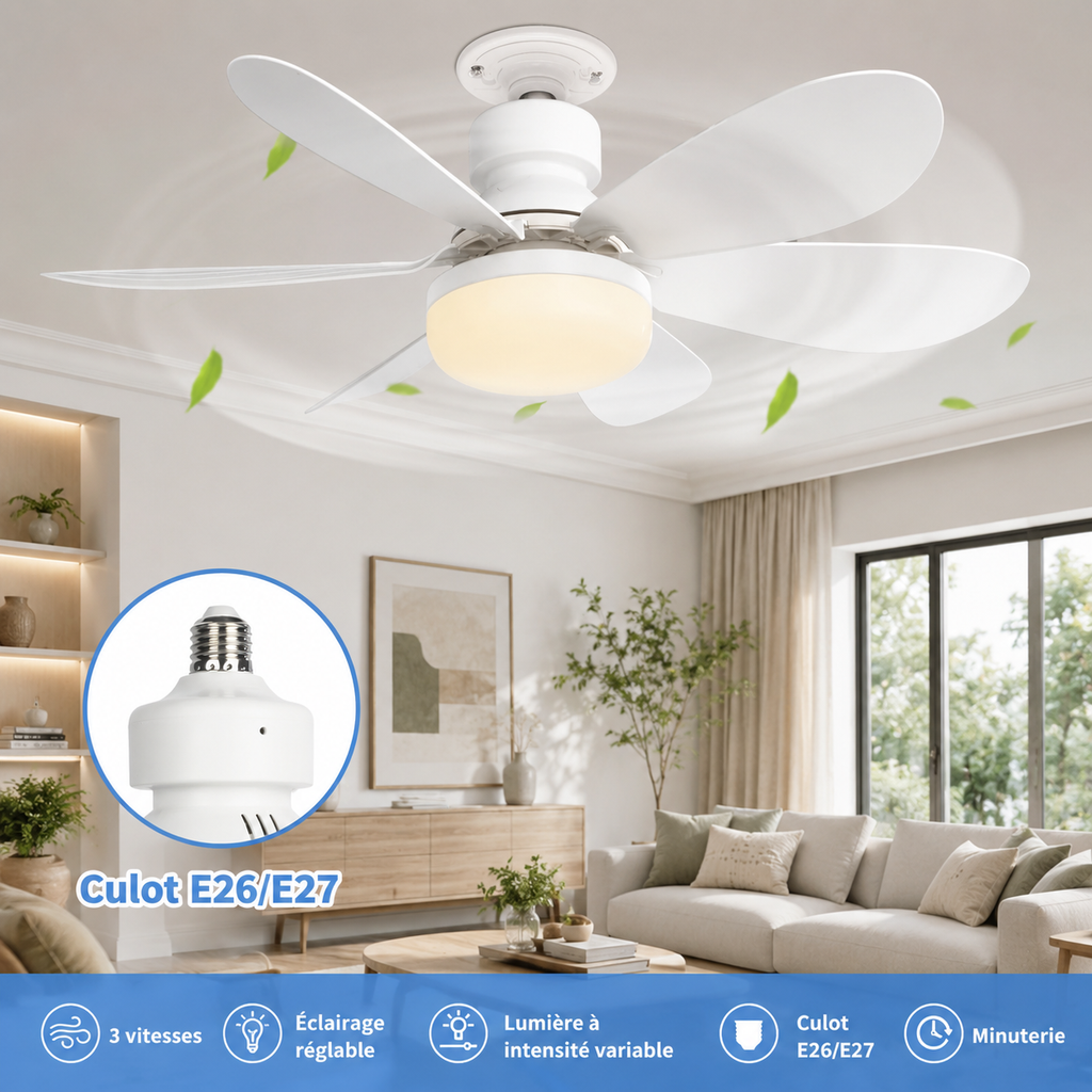 Ventilateur de Plafond LED Compact E27 52cm – Télécommande, Dimmable, Culot E27