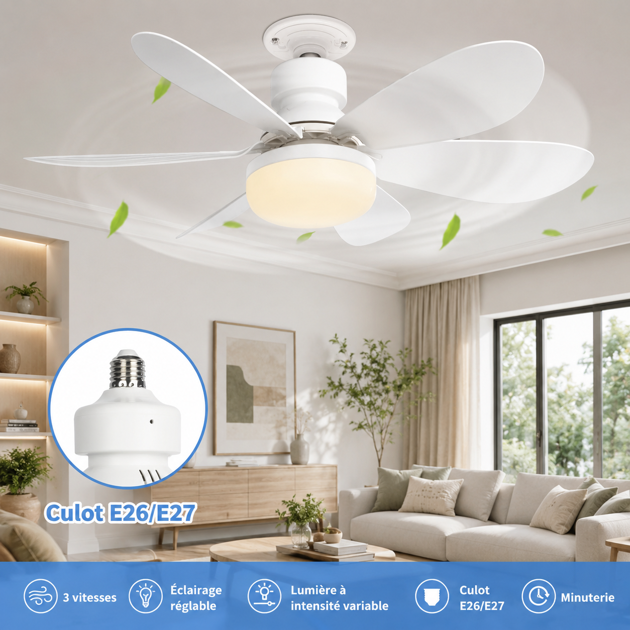 Ventilateur de Plafond LED Compact E27 52cm – Télécommande, Dimmable, Culot E27