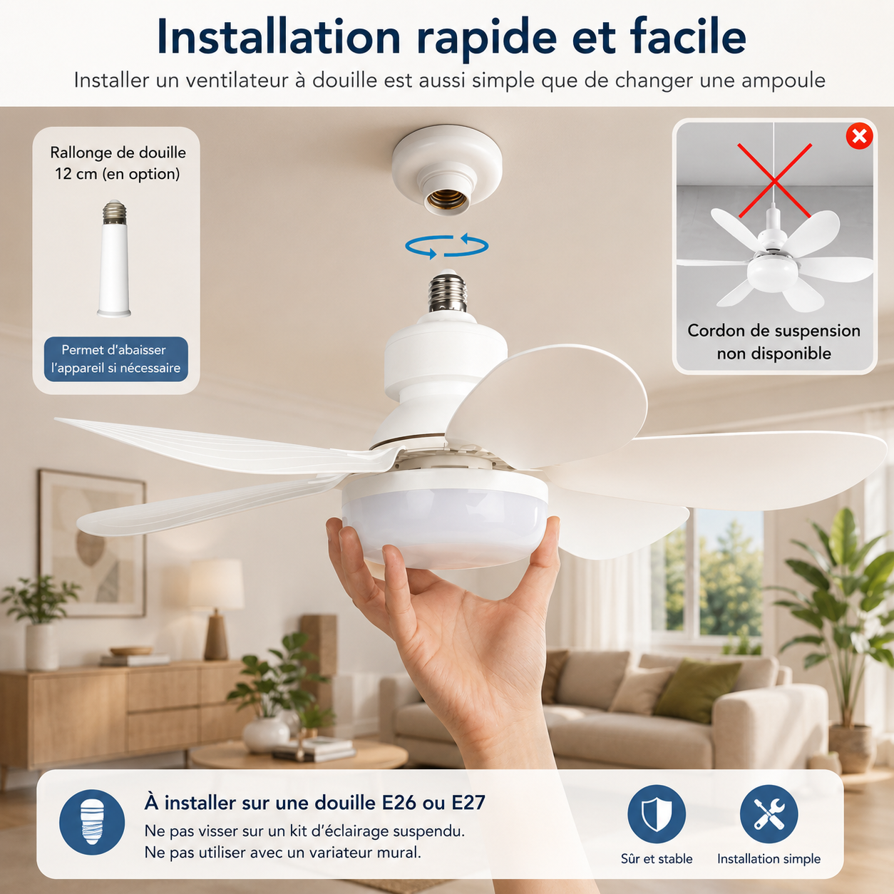 Ventilateur de Plafond LED Compact E27 52cm – Télécommande, Dimmable, Culot E27