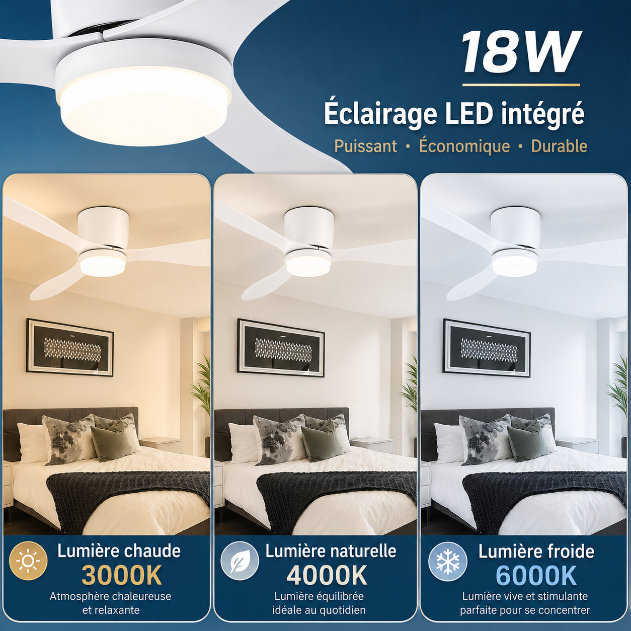 Ventilateur de plafond LED profil plat Ventelux, dans une chambre