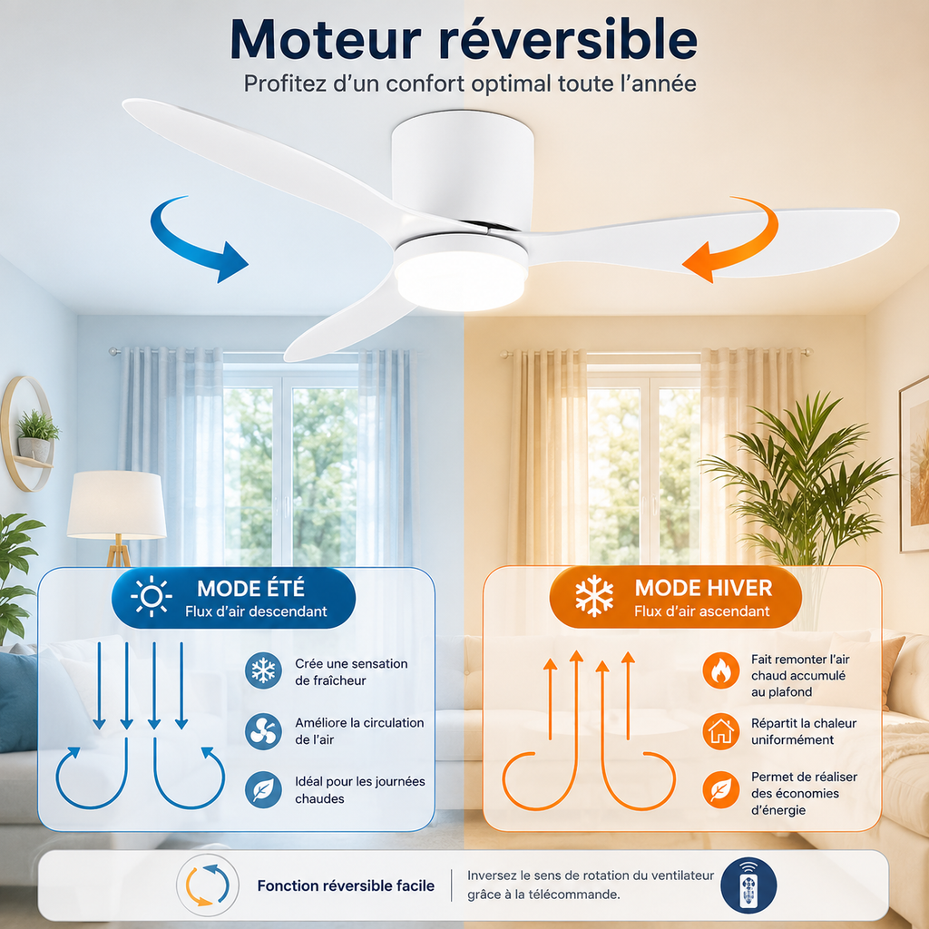Ventilateur de plafond LED profil plat Ventelux, éclairage LED allumé