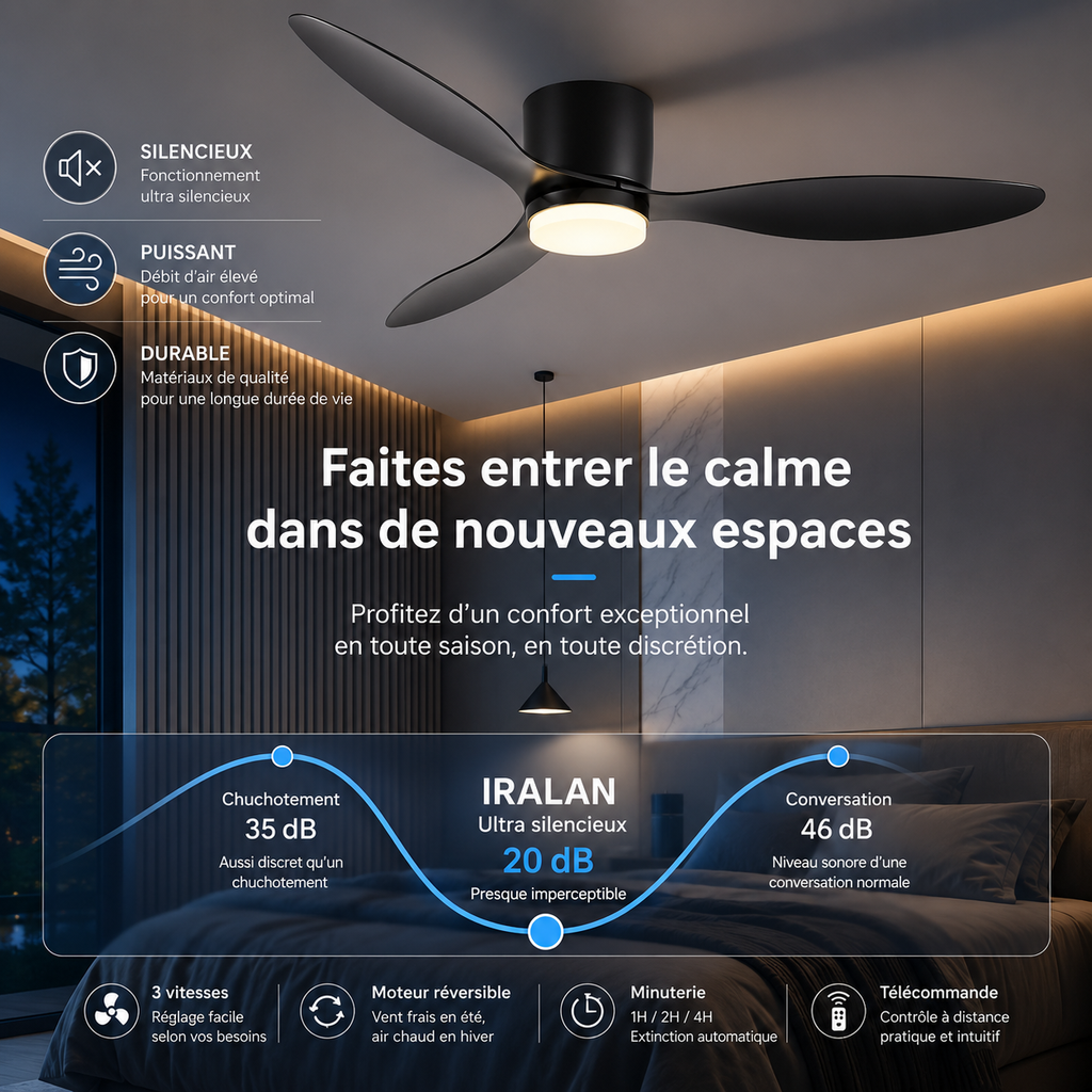 Ventilateur de plafond LED profil plat Ventelux, sur une terrasse couverte