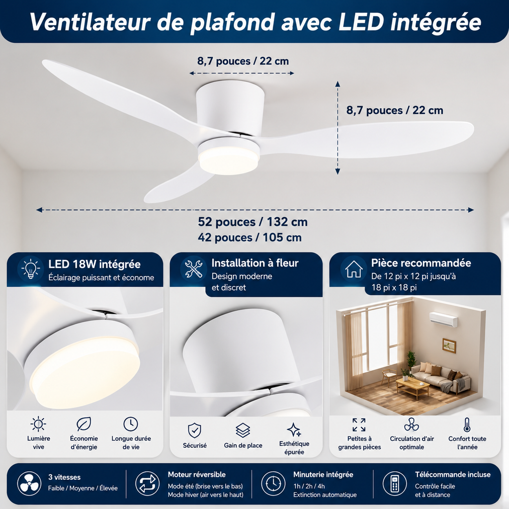 Ventilateur de plafond LED 42/52 pouces profil plat Ventelux, finition bois