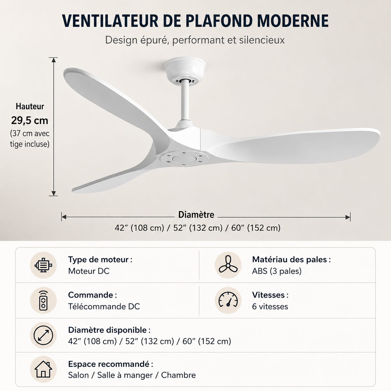 Ventilateur de plafond industriel 42/52 pouces, finition noyer noir