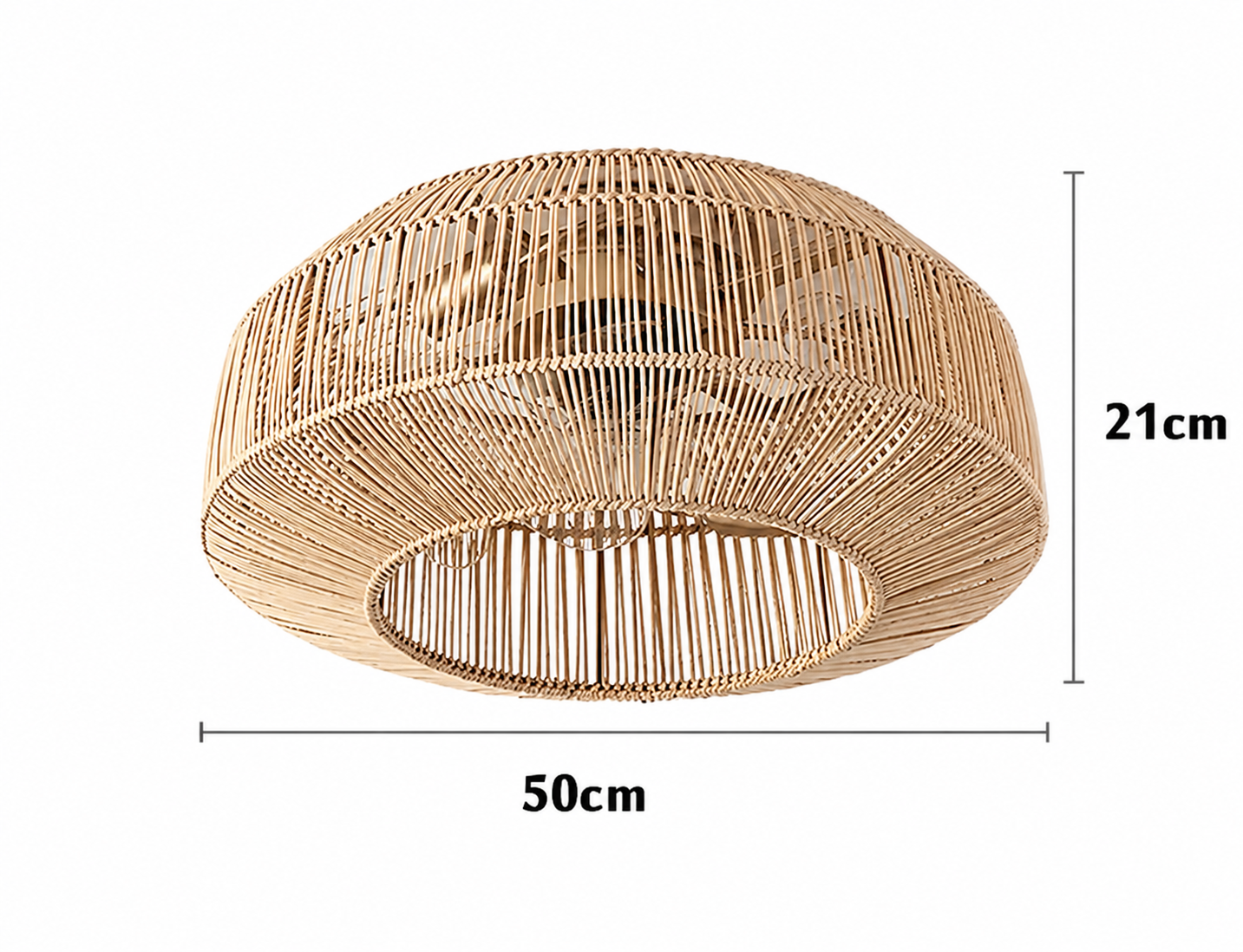 Ventilateur de plafond rotin Ventelux avec éclairage LED allumé, vue d'ambiance