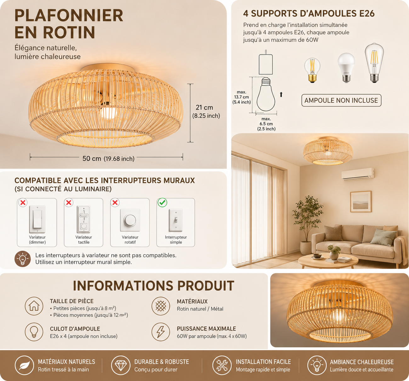 Ventilateur de plafond bambou 50cm à pales rétractables Ventelux, ambiance