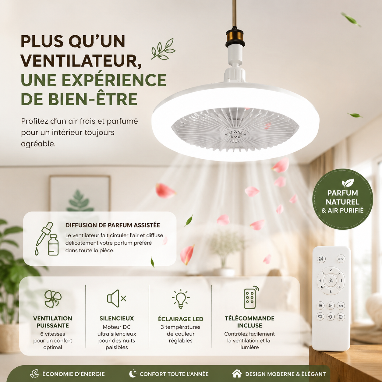 Ventilateur de plafond LED E27 silencieux avec télécommande