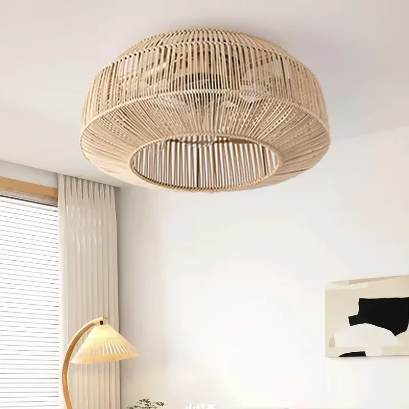 Ventilateur plafond rotin tressé Ventelux vue de face avec télécommande